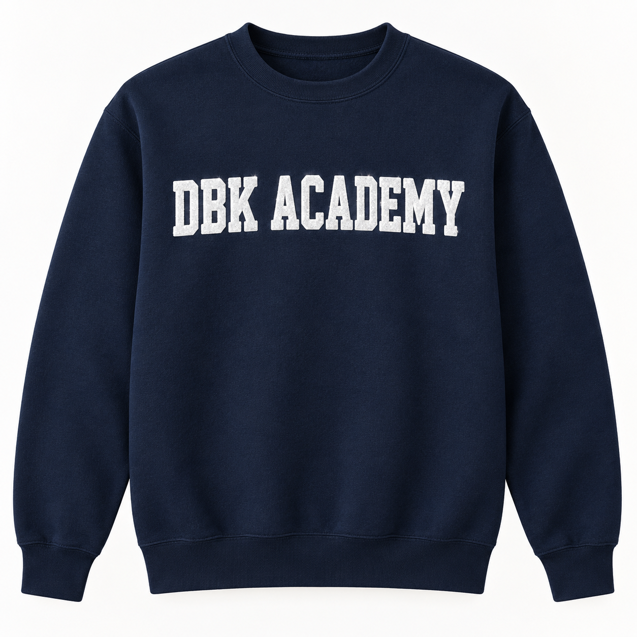 DBK Academy navy sweatshirt with white puff glitter lettering