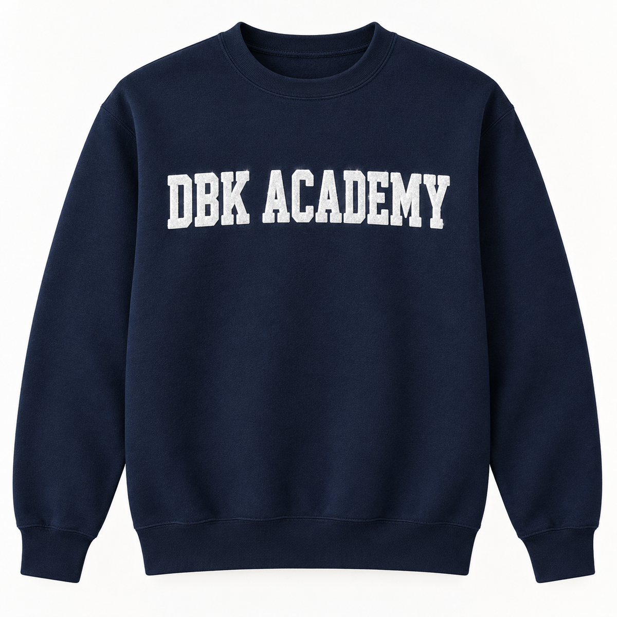 DBK Academy navy sweatshirt with white puff glitter lettering