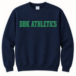 DBK Athletics navy sweatshirt with green puff glitter lettering