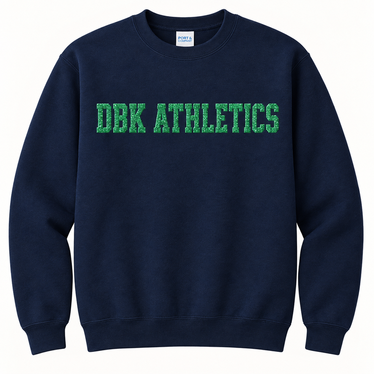 DBK Athletics navy sweatshirt with green puff glitter lettering