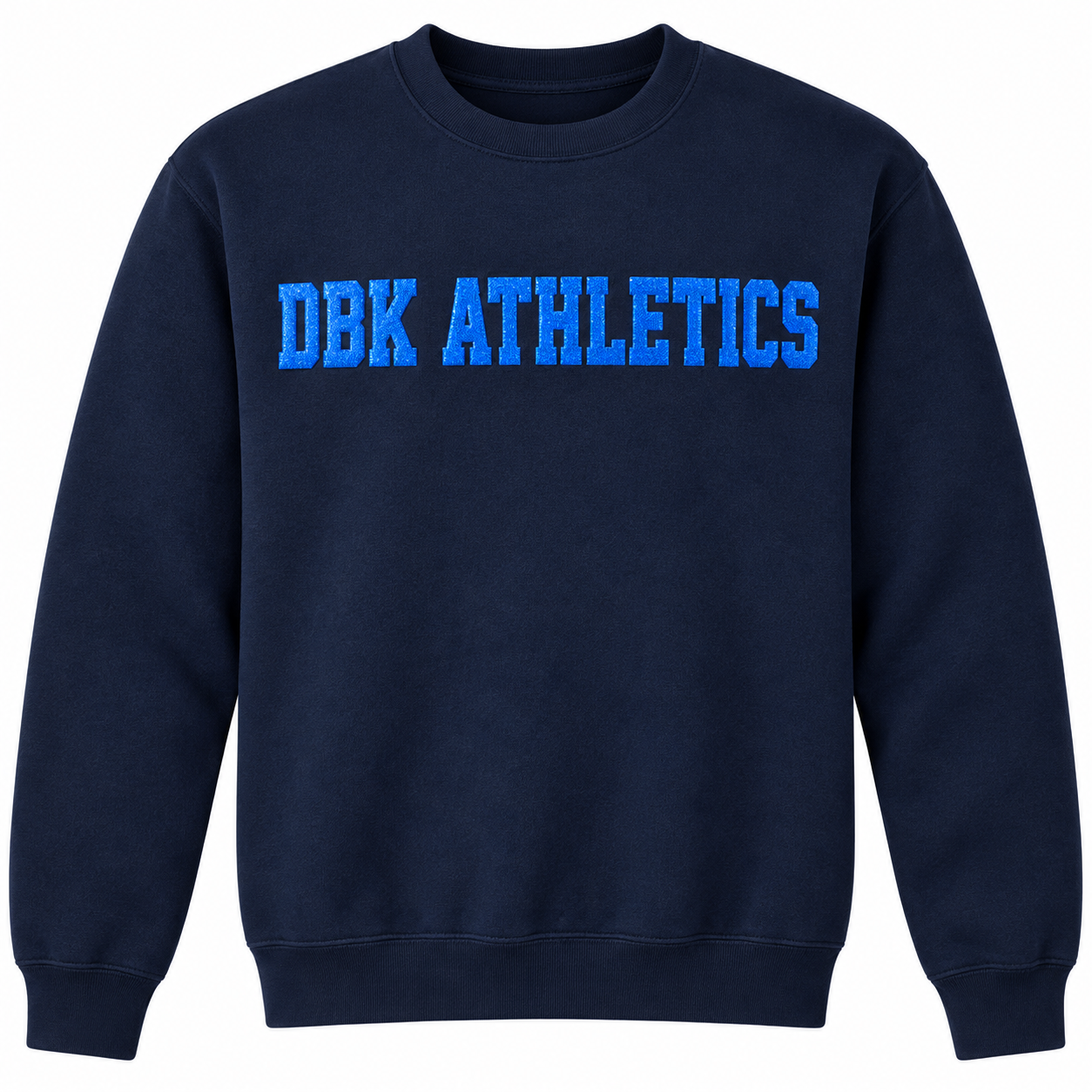 DBK Athletics navy sweatshirt with royal puff glitter lettering