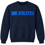DBK Athletics navy sweatshirt with royal puff glitter lettering
