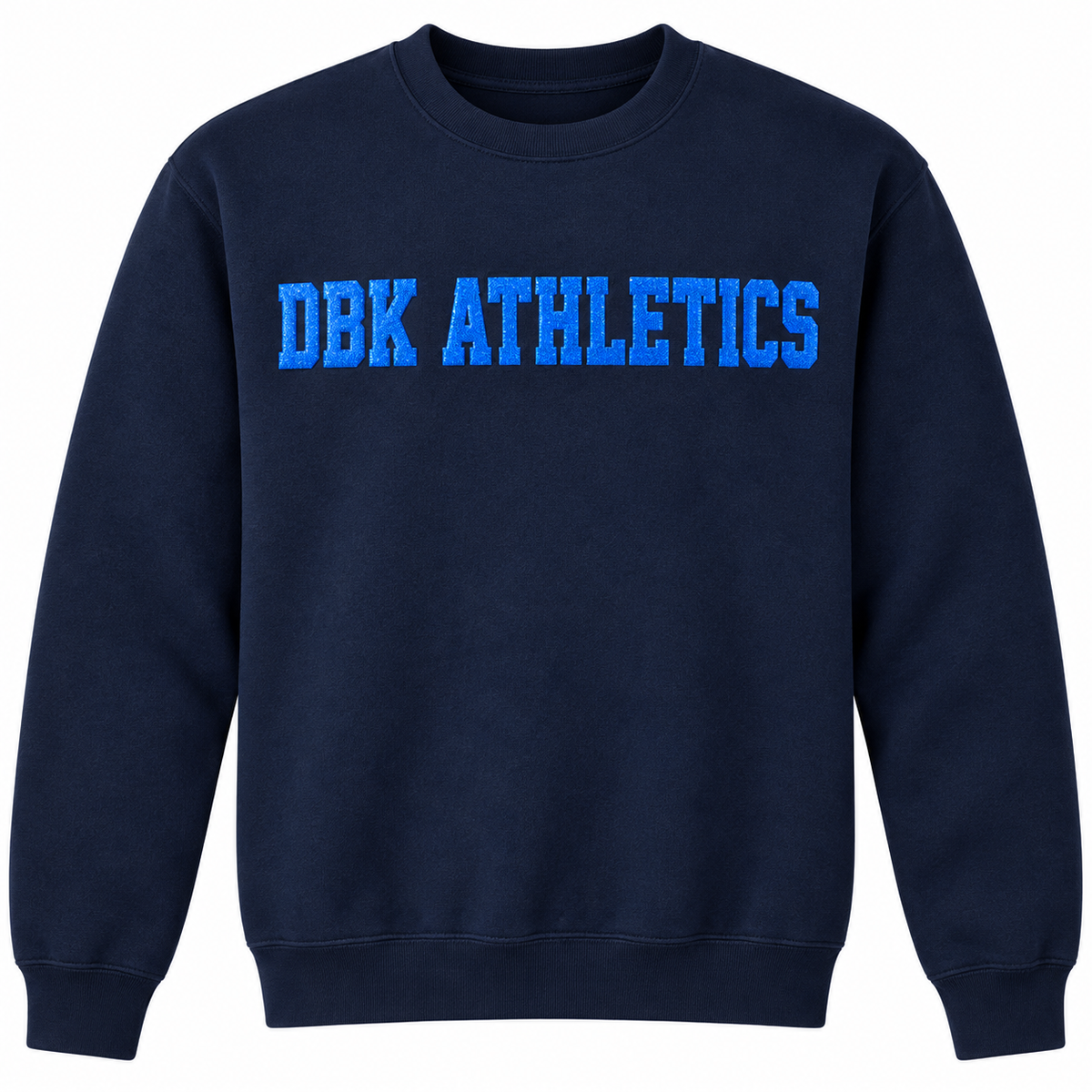 DBK Athletics navy sweatshirt with royal puff glitter lettering