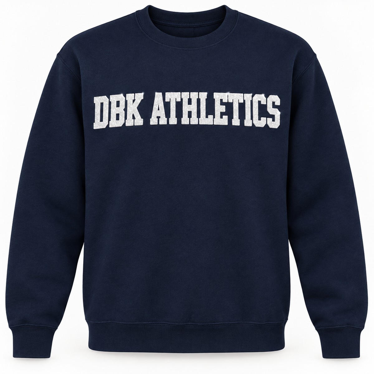 DBK Athletics navy sweatshirt with white puff glitter lettering