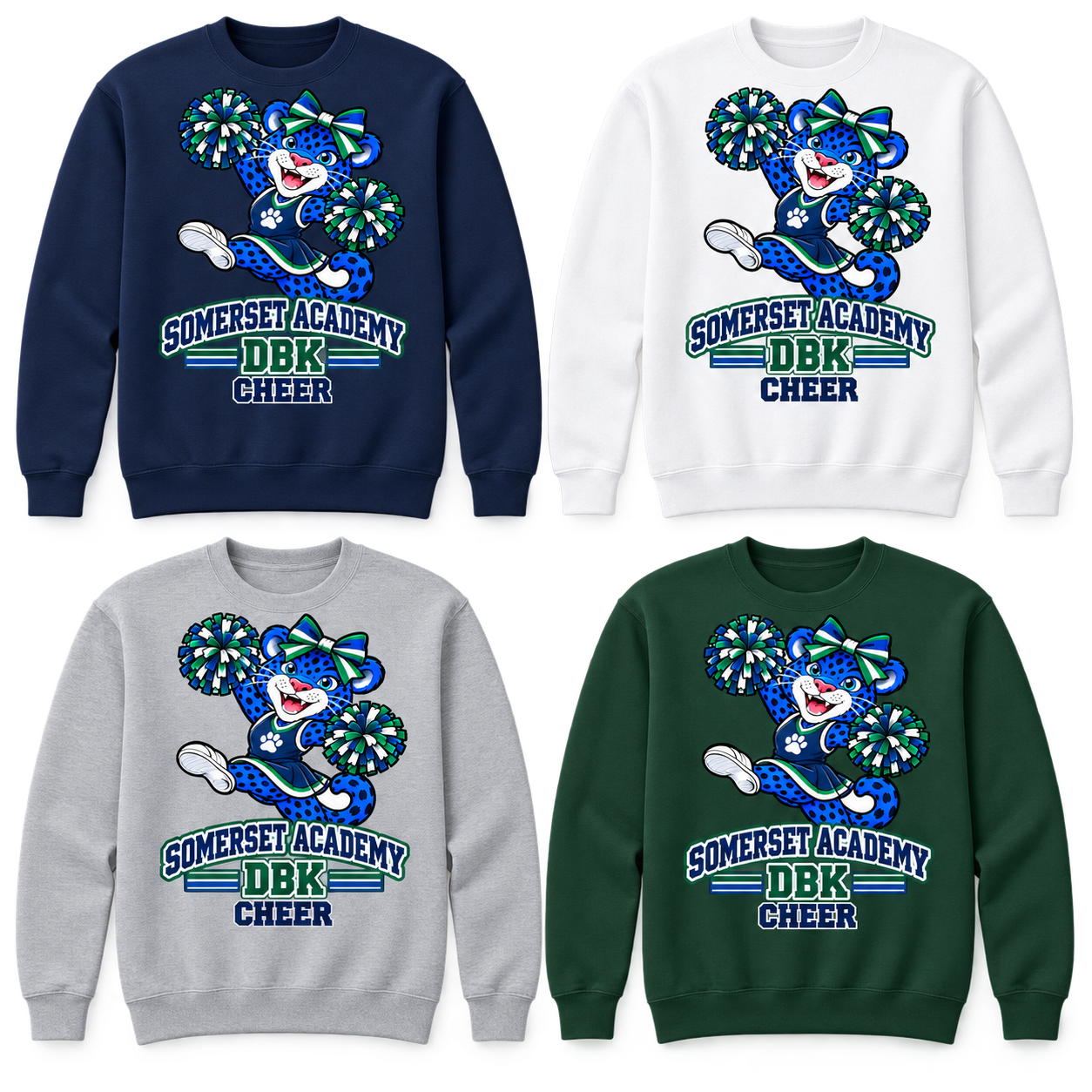 Somerset Academy DBK Cheer sweatshirt in Navy, White, Gray and Dark Green
