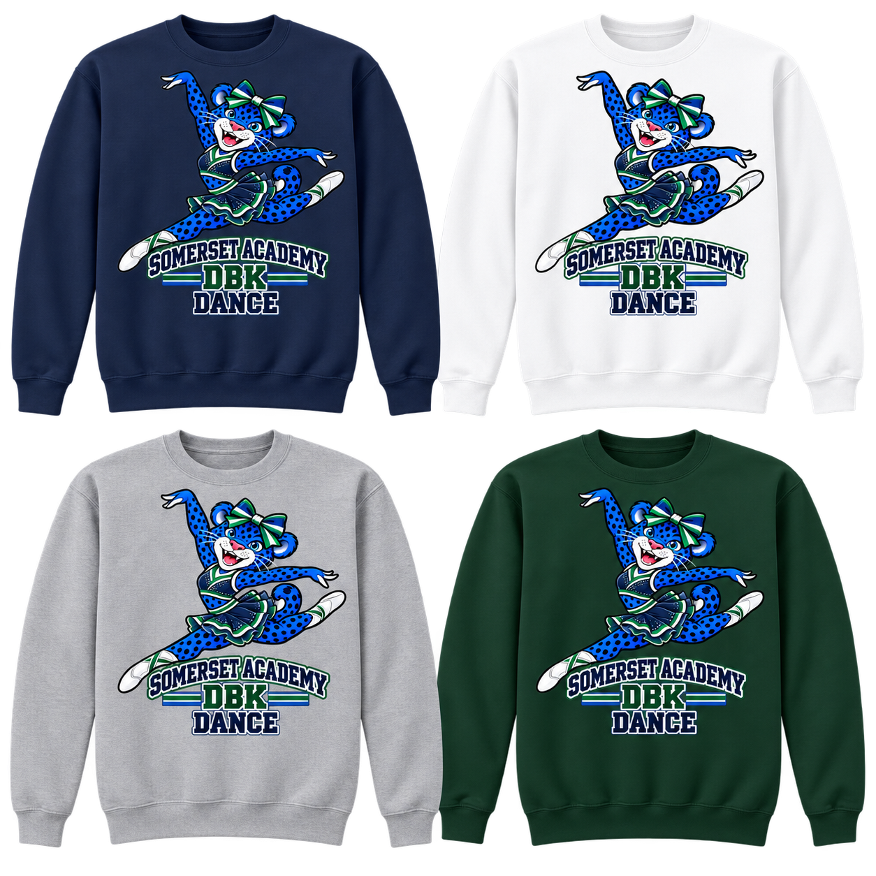 Somerset Academy DBK Dance Crewneck Sweatshirt in Navy, White, Gray and Dark Green