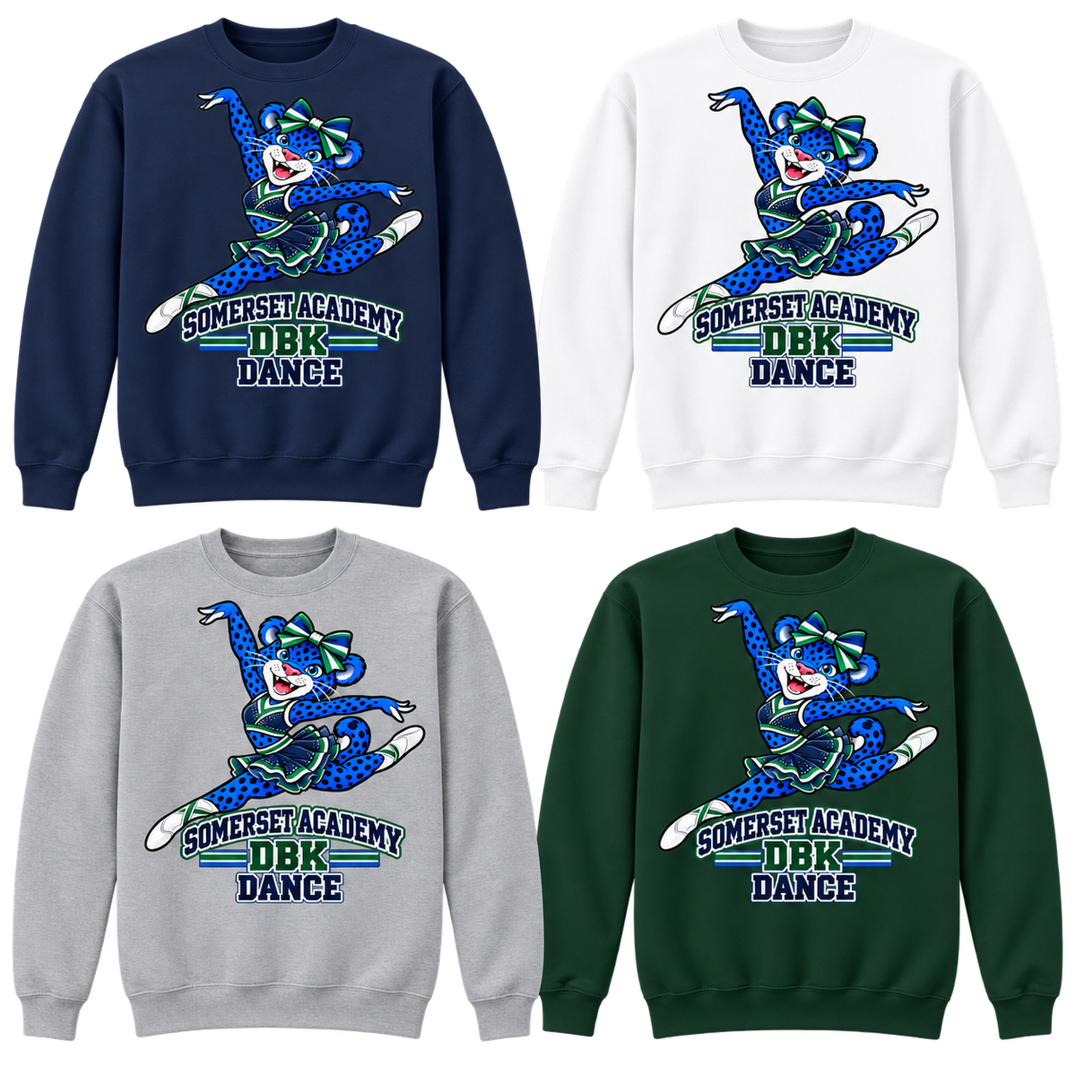 Somerset Academy DBK Dance Crewneck Sweatshirt in Navy, White, Gray and Dark Green