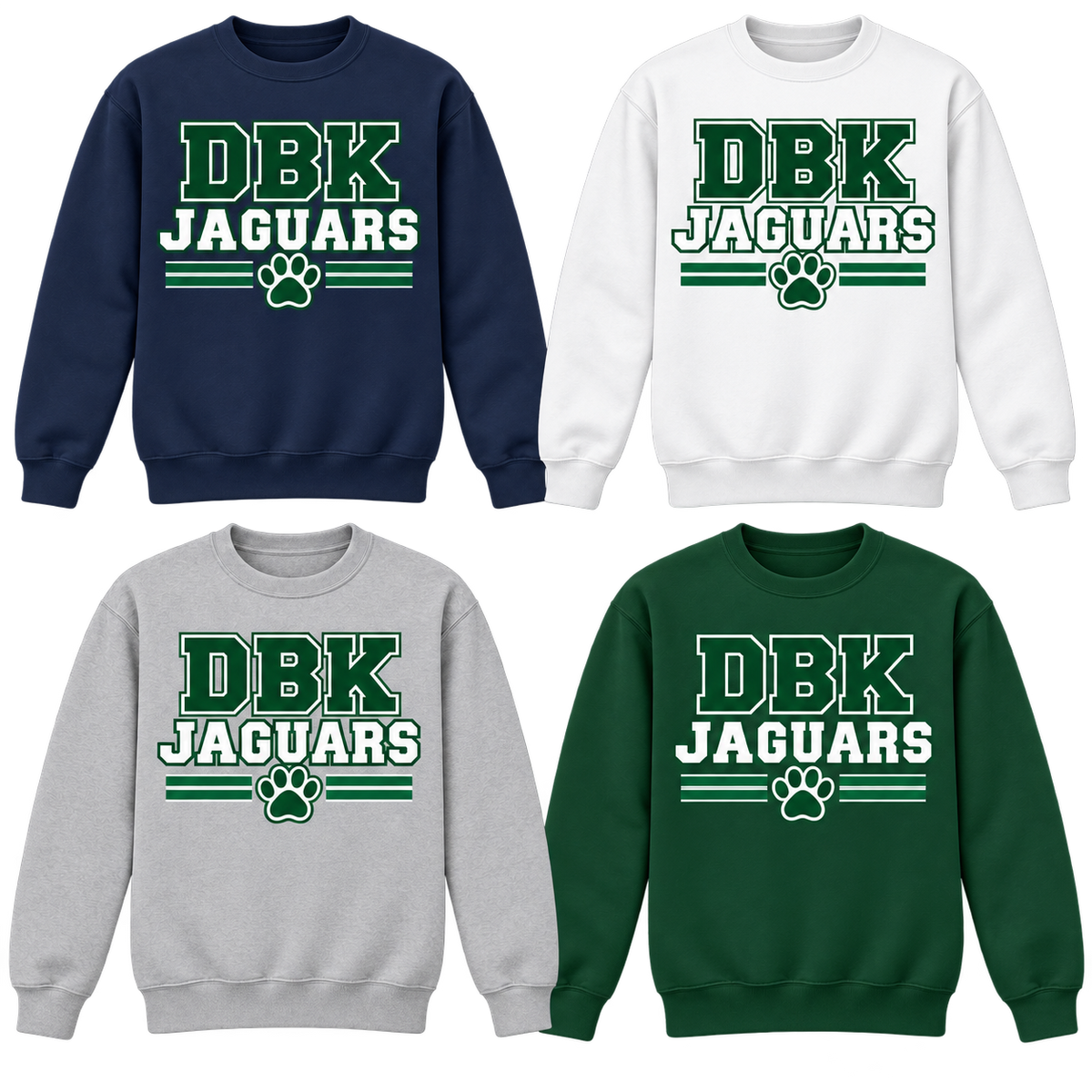 DBK Jaguars Varsity Crewneck Sweatshirts in Navy, White, Gray and Dark Green