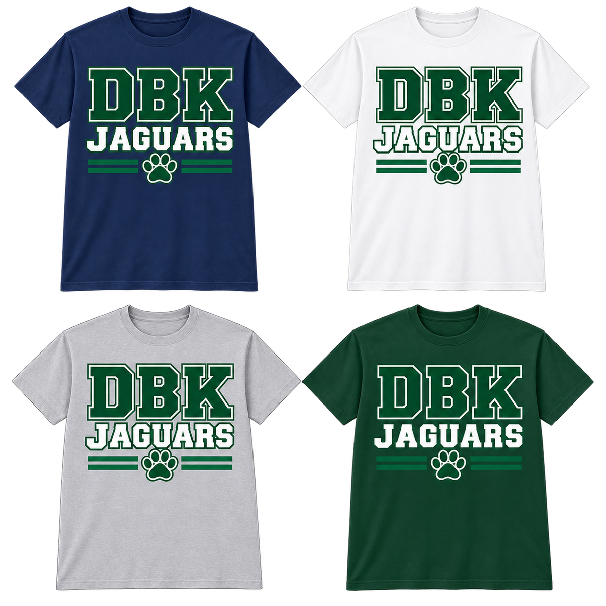 DBK Jaguars Varsity T-shirts in Navy, White, Gray and Dark Green