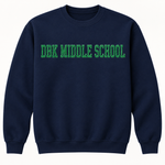 DBK Middle School navy sweatshirt with green puff glitter lettering