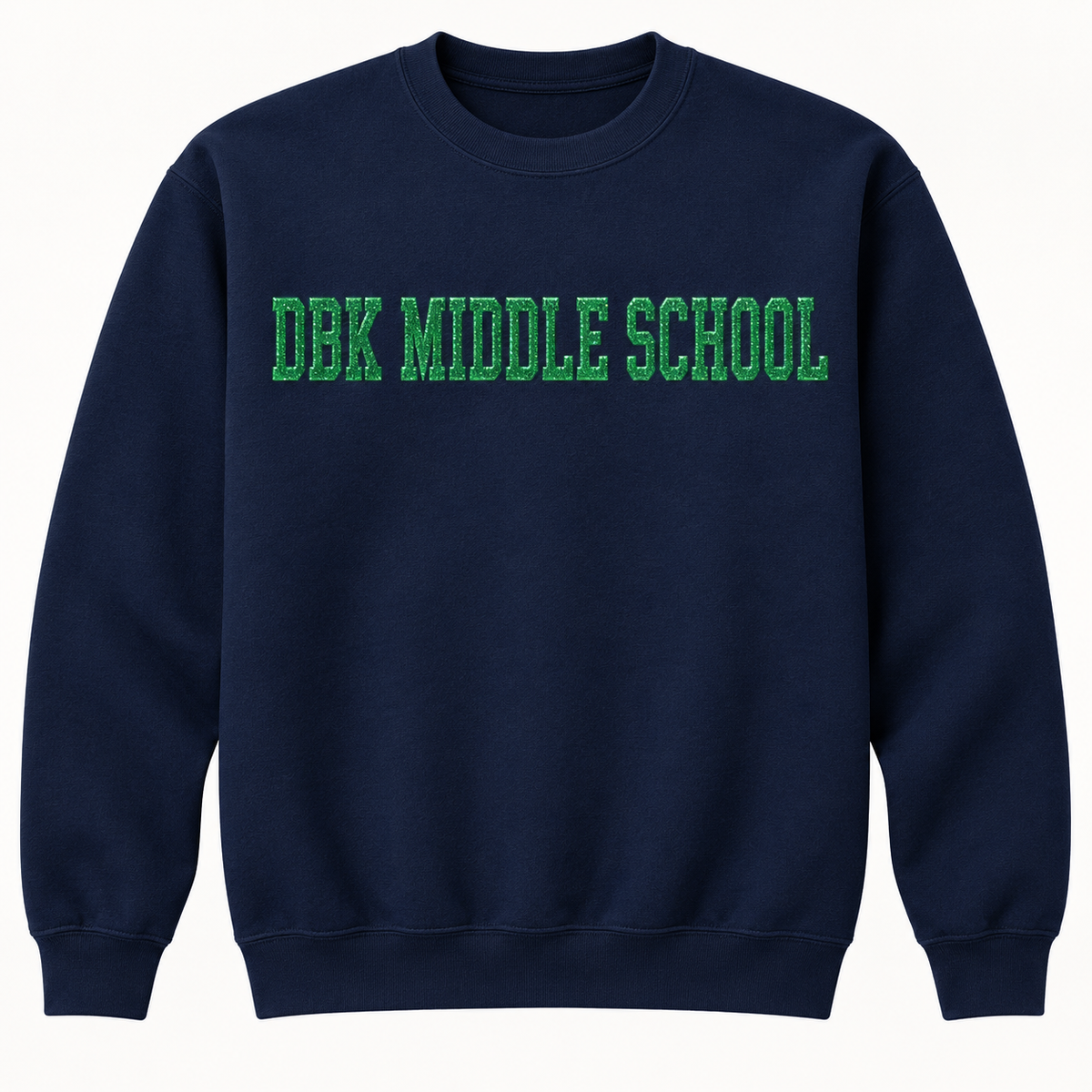 DBK Middle School navy sweatshirt with green puff glitter lettering