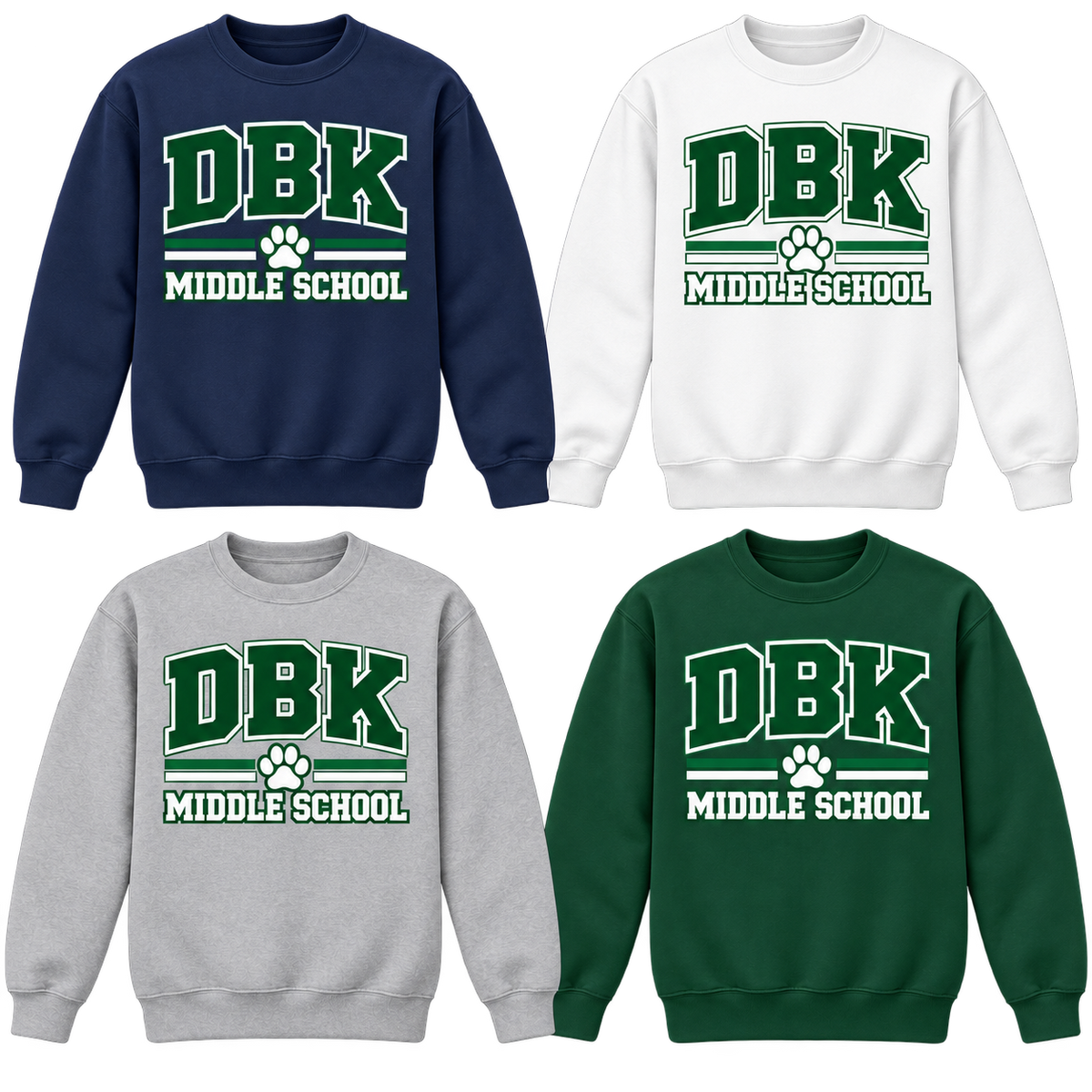 DBK Middle School Varsity Crewneck Sweatshirts in Navy, White, Gray and Dark Green