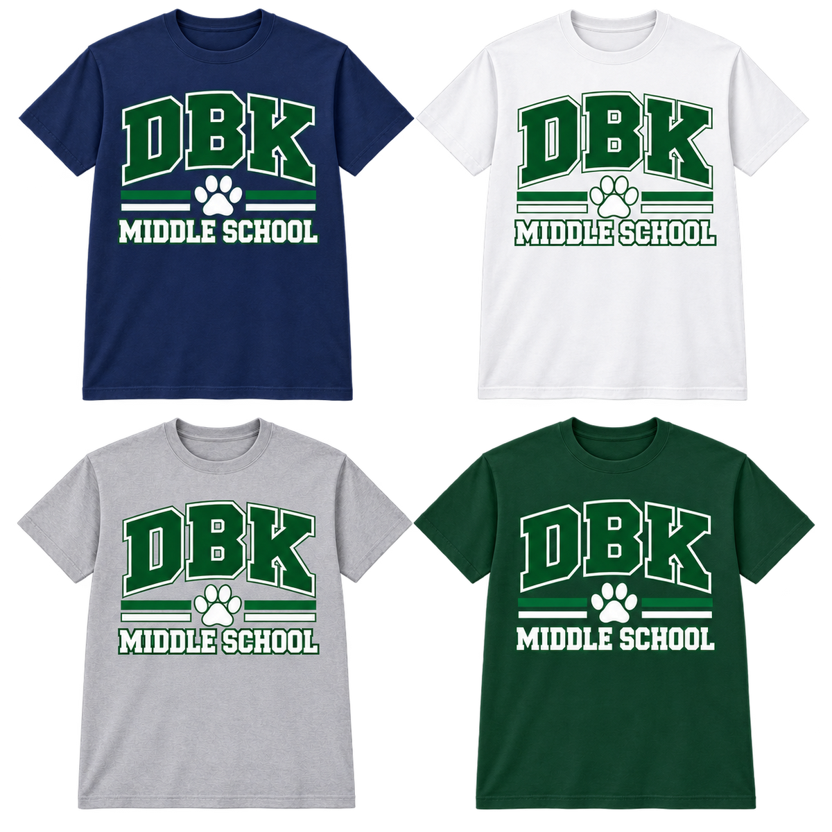 DBK Middle School Varsity T-Shirts in Navy, White, Gray and Dark Green