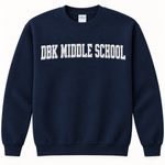 DBK Middle School navy sweatshirt with white puff glitter lettering