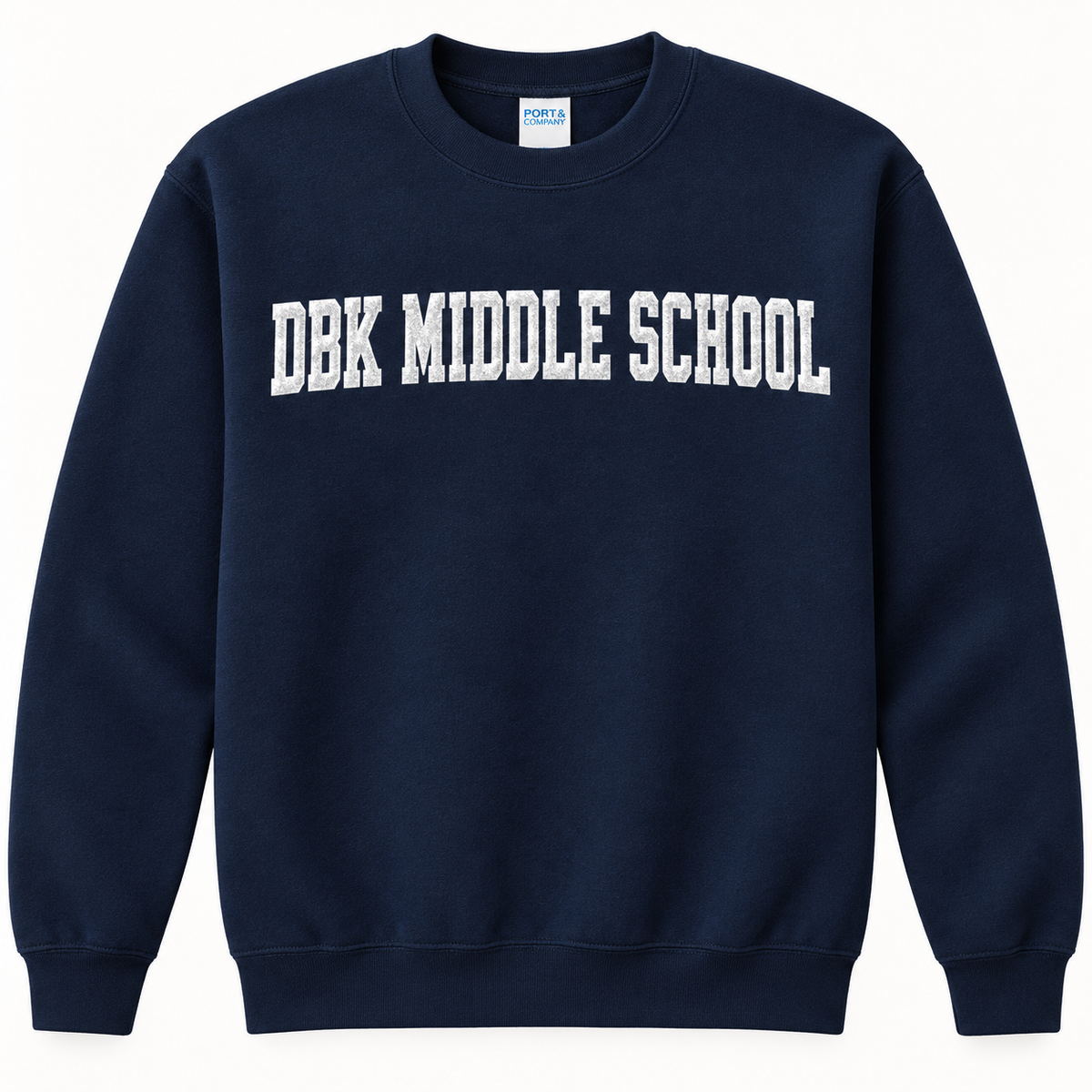 DBK Middle School navy sweatshirt with white puff glitter lettering