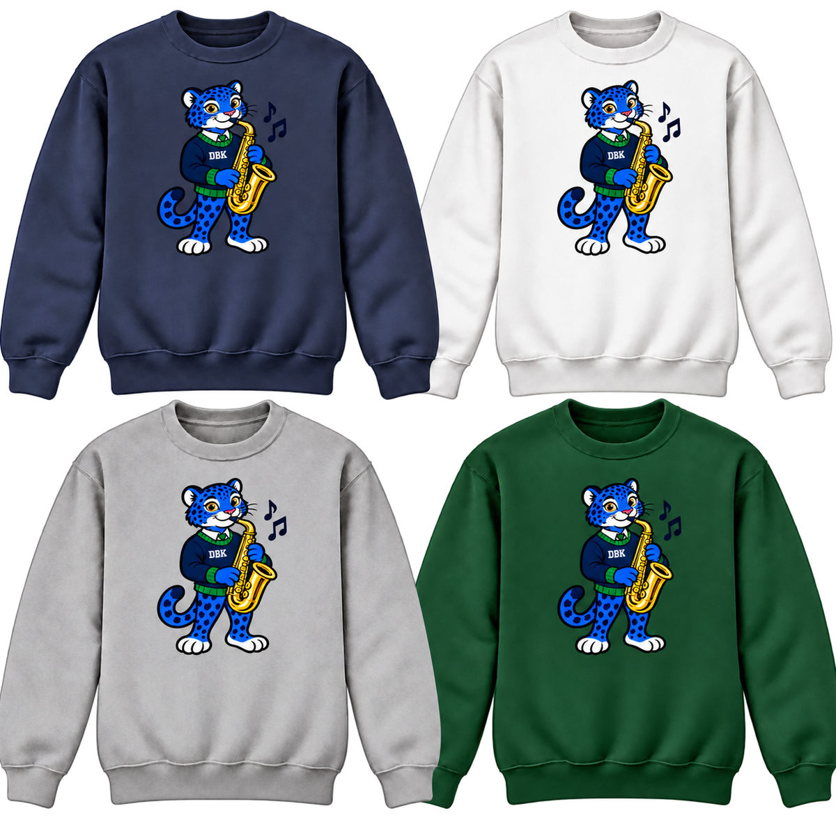 DBK Musician Jaguar crewneck sweatshirts in Navy, White, Gray and Dark Green