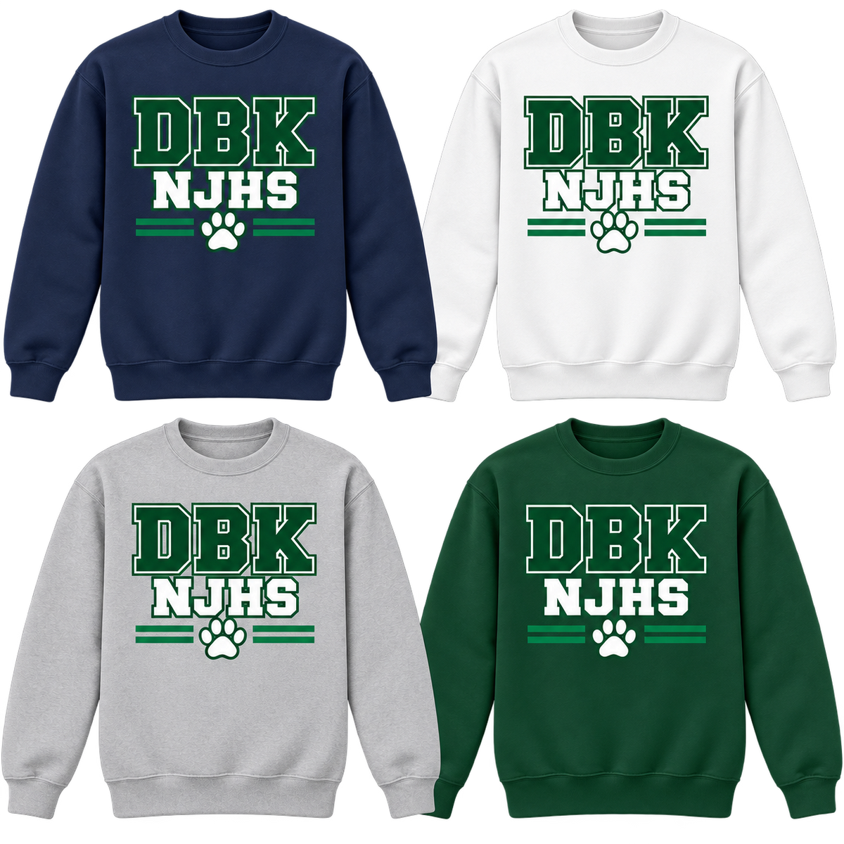 DBK NJHS Varsity Crewneck Sweatshirts in Navy, White, Gray and Dark Green