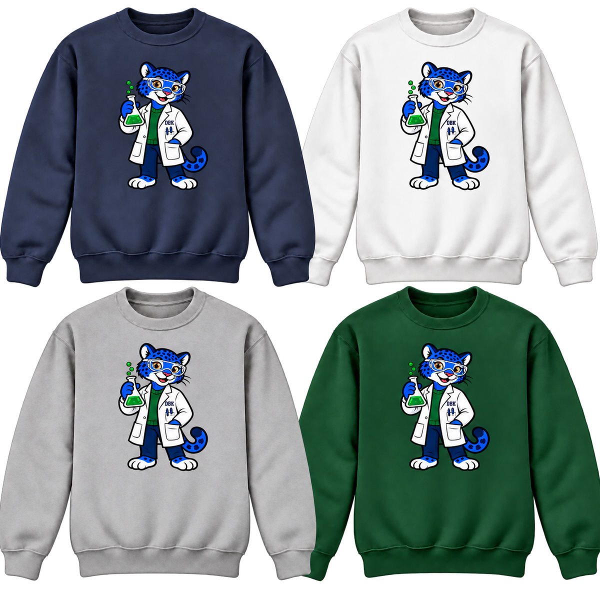 DBK Scientist Jaguar crewneck sweatshirts in Navy, White, Gray and Dark Green