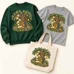 Enchanted Oak Woodland Library on coordinated sweatshirt, youth T-shirt, and natural canvas tote