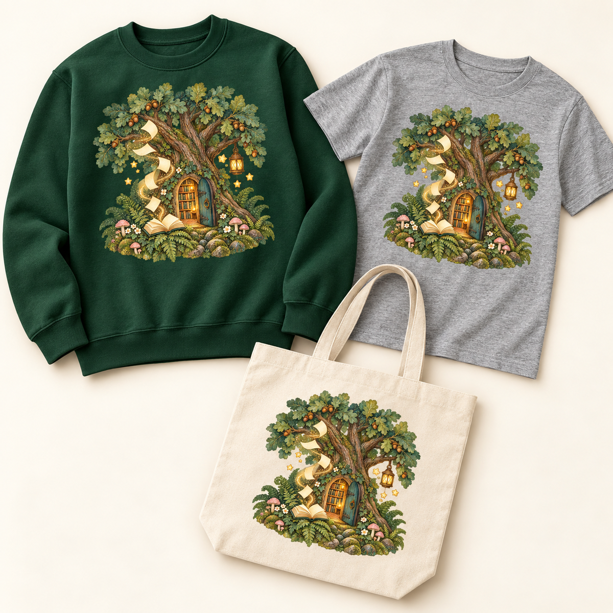 Enchanted Oak Woodland Library on coordinated sweatshirt, youth T-shirt, and natural canvas tote