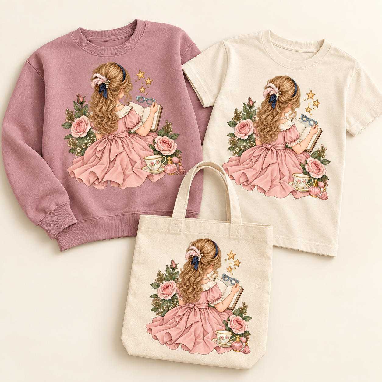 Fancy Reader with Roses and Pearls on coordinated sweatshirt, youth T-shirt, and natural canvas tote