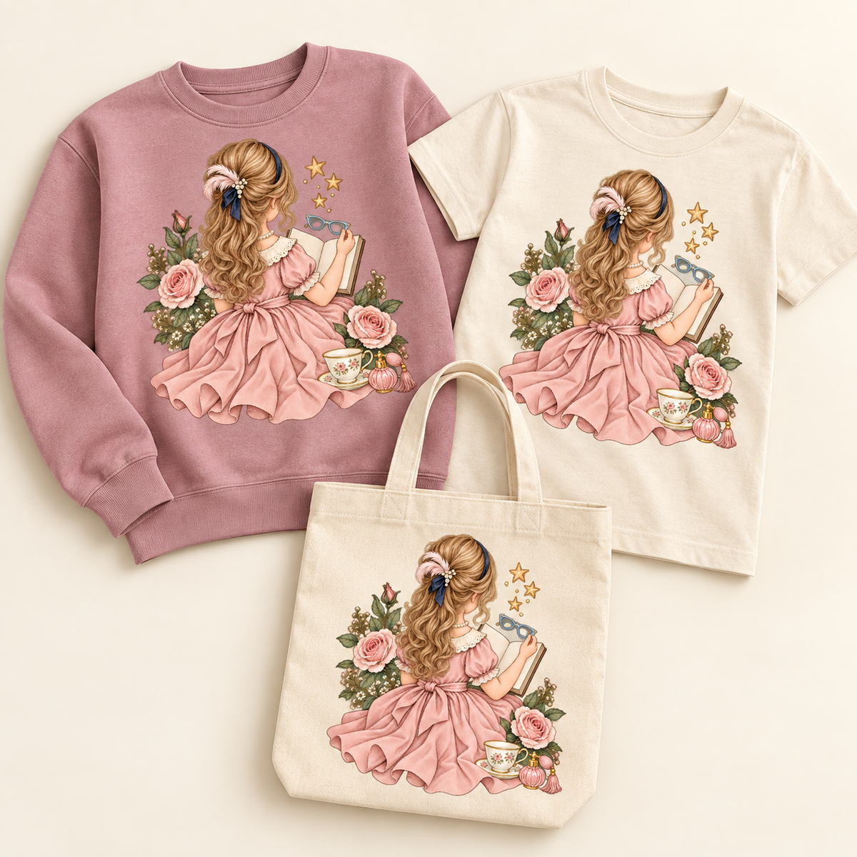 Fancy Reader with Roses and Pearls on coordinated sweatshirt, youth T-shirt, and natural canvas tote