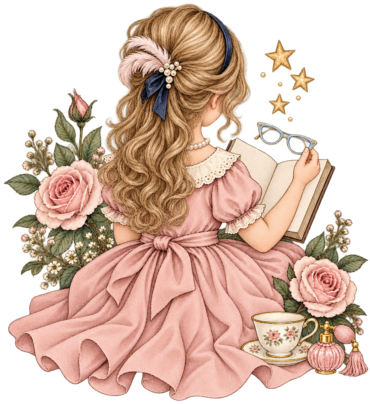 Fancy Reader with Roses and Pearls original print artwork