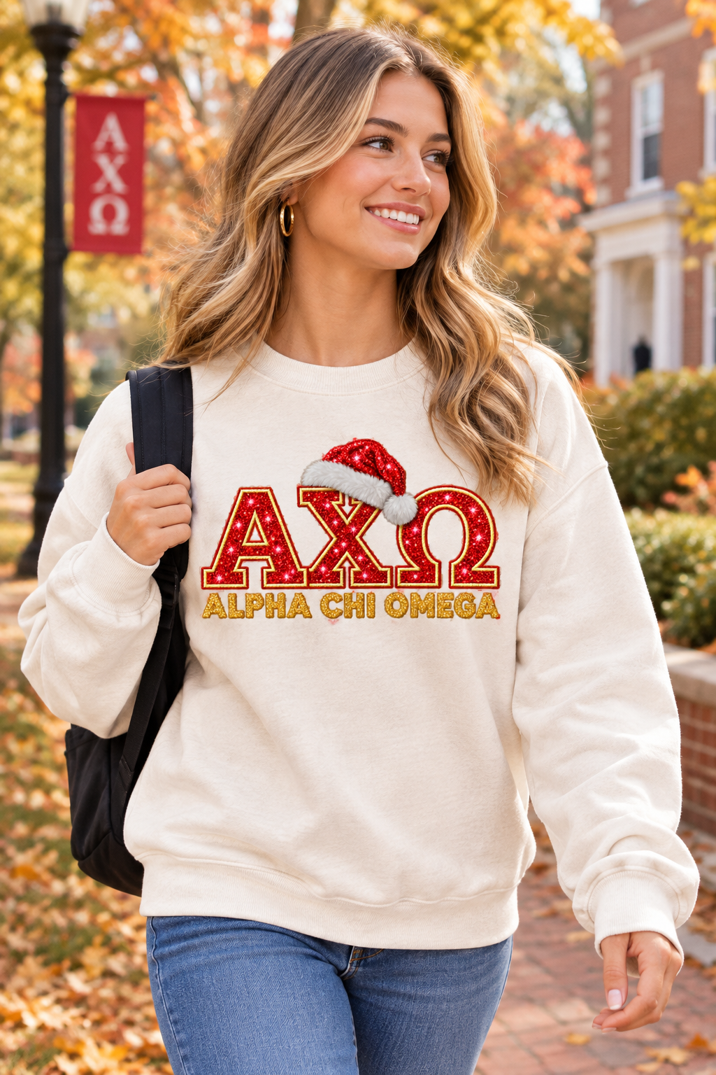 A festive red glitter Greek letter design reading ΑΧΩ with a white fluffy Santa hat on the top of the letters, and gold text below reading ALPHA CHI OMEGA, on a black background.