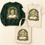 Luminous Key Beneath the Ivy Arch on coordinated sweatshirt, youth T-shirt, and natural canvas tote