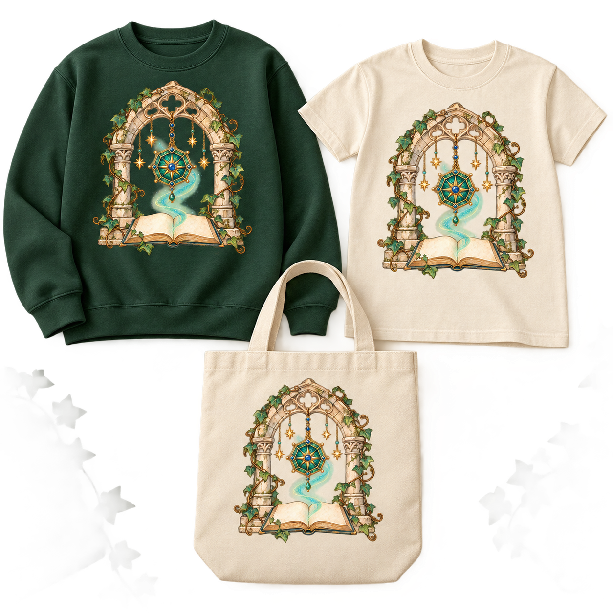 Magical Compass in a Vine-Covered Arch on coordinated sweatshirt, youth T-shirt, and natural canvas tote