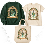 Magical Compass in a Vine-Covered Arch on coordinated sweatshirt, youth T-shirt, and natural canvas tote