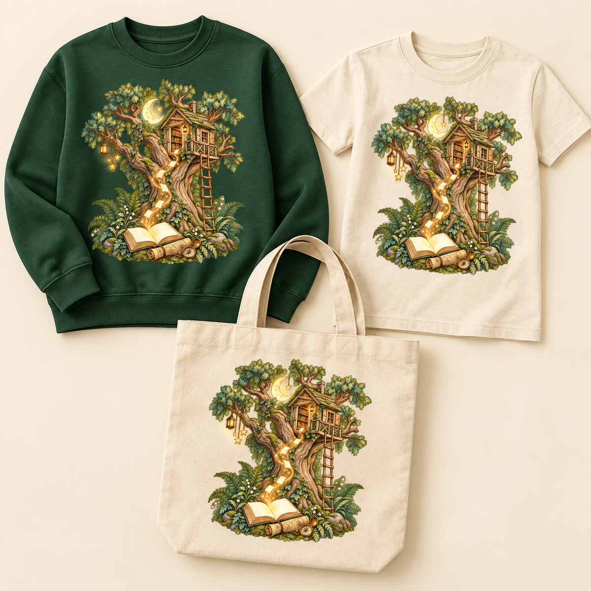 Magical Treehouse with Golden Page Sparks on coordinated sweatshirt, youth T-shirt, and natural canvas tote