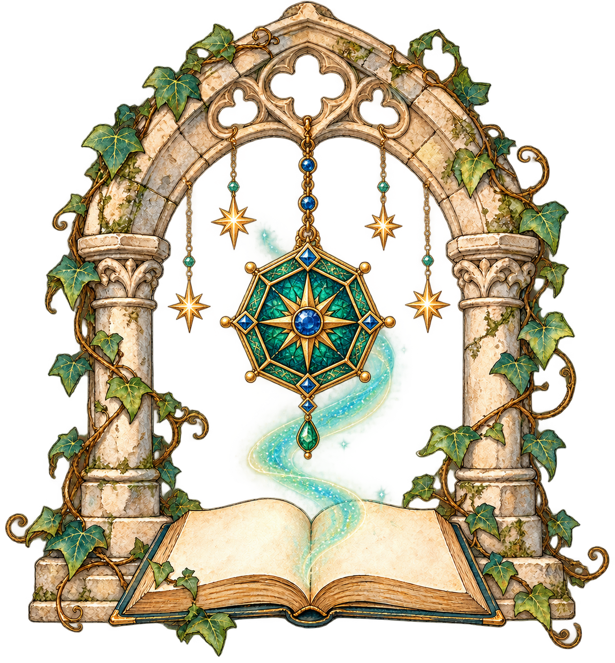 Magical Compass in a Vine-Covered Arch original print artwork