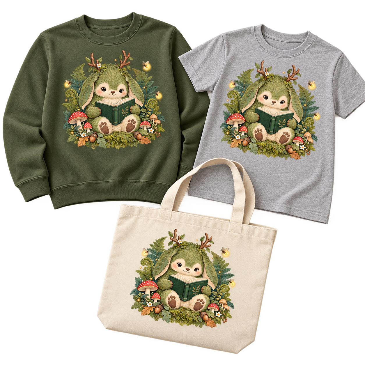 Mossy Woodland Reader Under Ferns on coordinated sweatshirt, youth T-shirt, and natural canvas tote