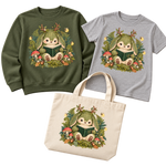 Mossy Woodland Reader Under Ferns on coordinated sweatshirt, youth T-shirt, and natural canvas tote