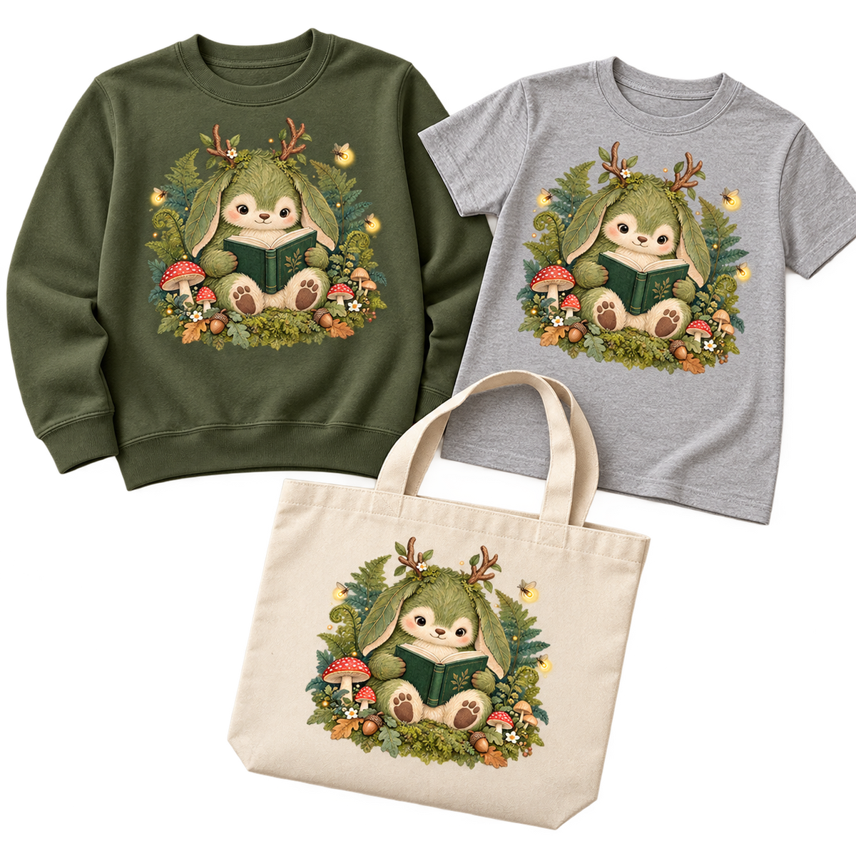 Mossy Woodland Reader Under Ferns on coordinated sweatshirt, youth T-shirt, and natural canvas tote