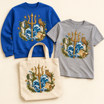Mythic Trident and Bronze Owl on coordinated sweatshirt, youth T-shirt, and natural canvas tote