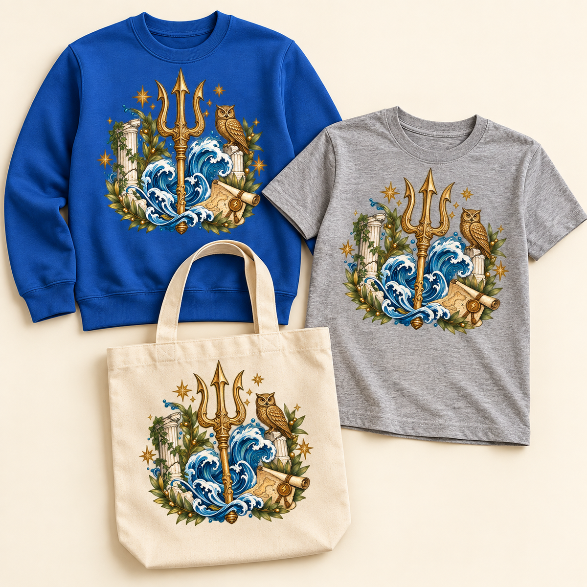 Mythic Trident and Bronze Owl on coordinated sweatshirt, youth T-shirt, and natural canvas tote