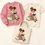Rose-Bowed Girl Reading Among Peonies on coordinated sweatshirt, youth T-shirt, and natural canvas tote