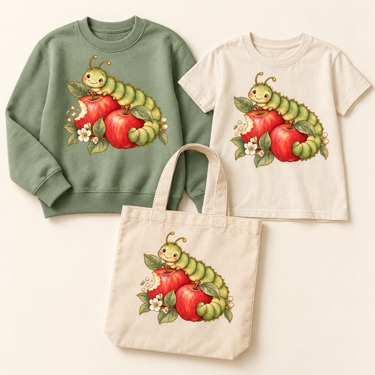 Sage Caterpillar and Bite-Marked Apples on coordinated sweatshirt, youth T-shirt, and natural canvas tote