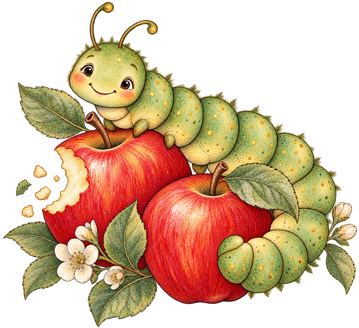 Sage Caterpillar and Bite-Marked Apples original print artwork