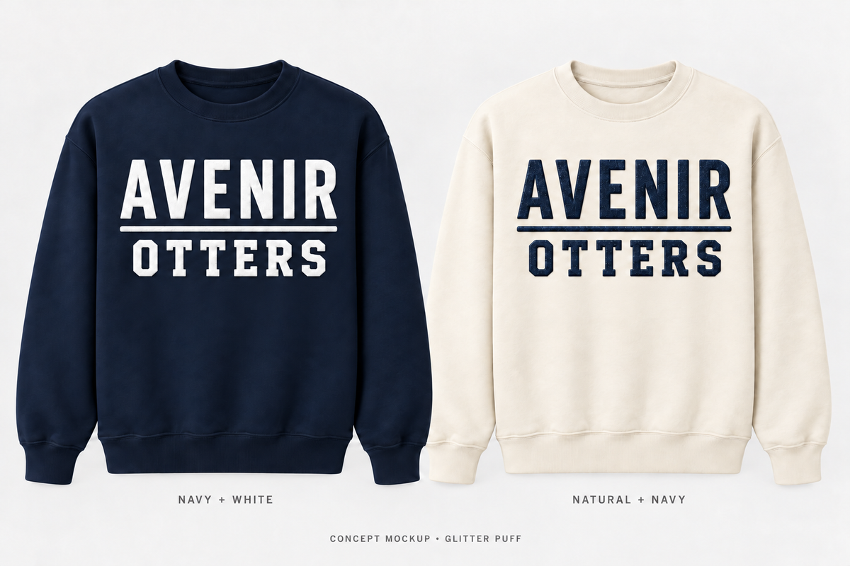 Generated concept mockup of Avenir Otters glitter-puff crewneck sweatshirts: Navy with white lettering and Natural with navy lettering.