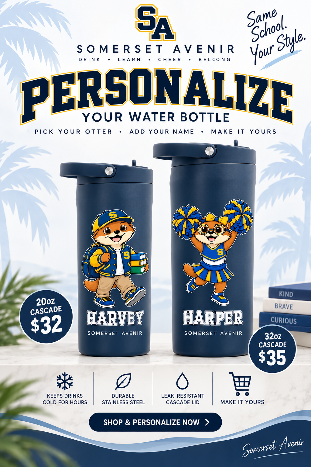 Somerset Avenir personalized navy HydroJug Cascade water bottle flyer: 20 oz $32 and 32 oz $35, with Student & Books and Cheerleading name examples.