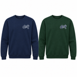 Navy Script & Paw left chest crewneck mockups in Navy and Dark Green.