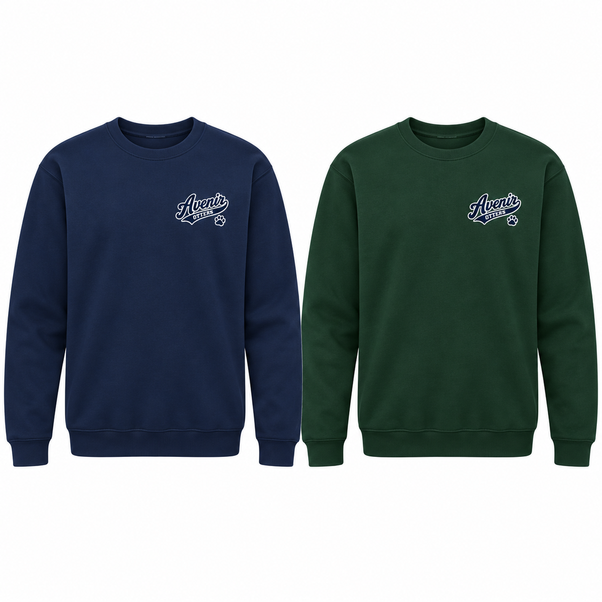 Navy Script & Paw left chest crewneck mockups in Navy and Dark Green.