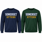 Large centered 10-inch front design shown on Navy and Dark Green crewneck sweatshirts.