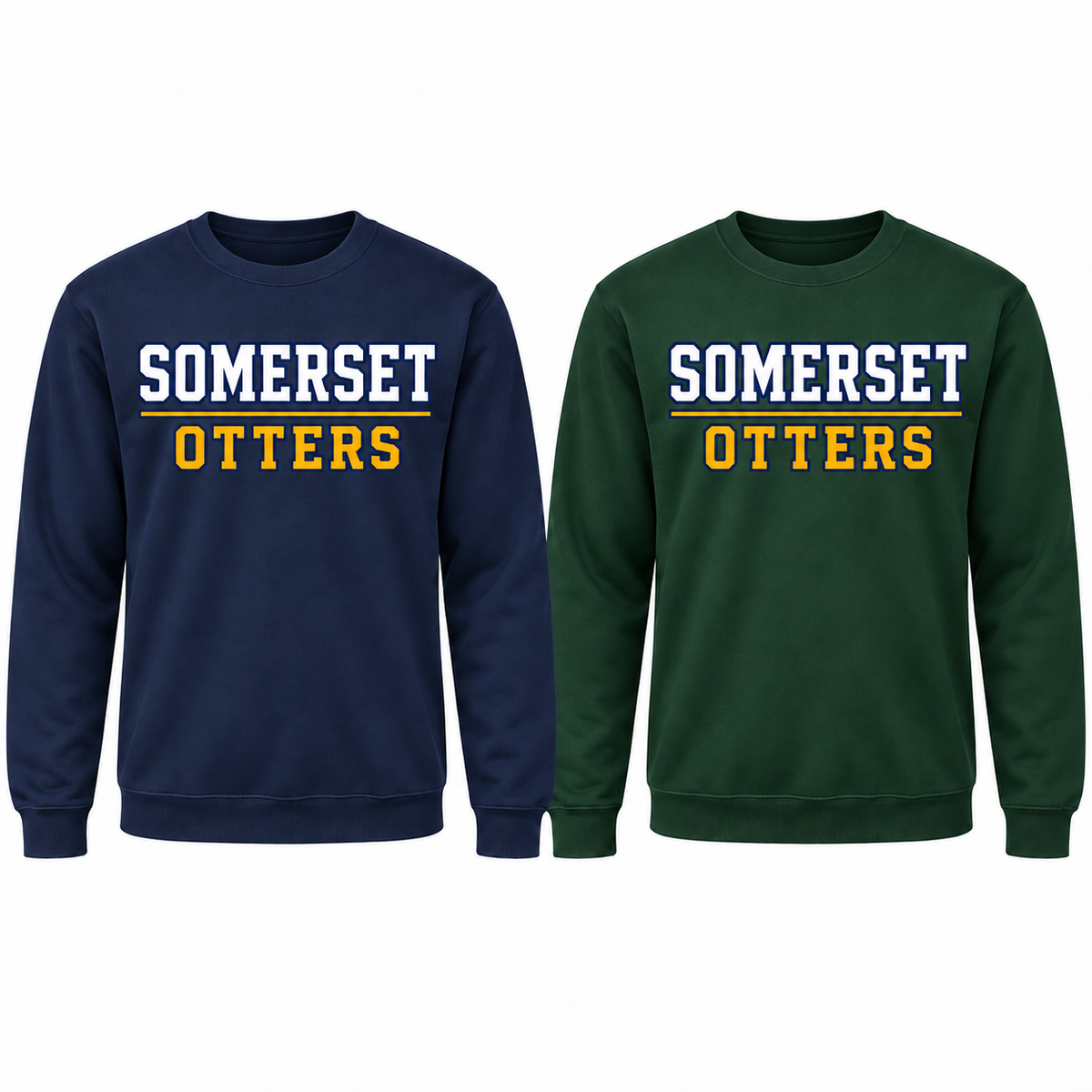 Large centered 10-inch front design shown on Navy and Dark Green crewneck sweatshirts.