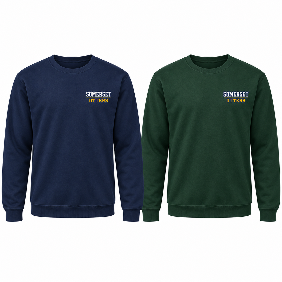 Straight Collegiate left chest crewneck mockups in Navy and Dark Green.