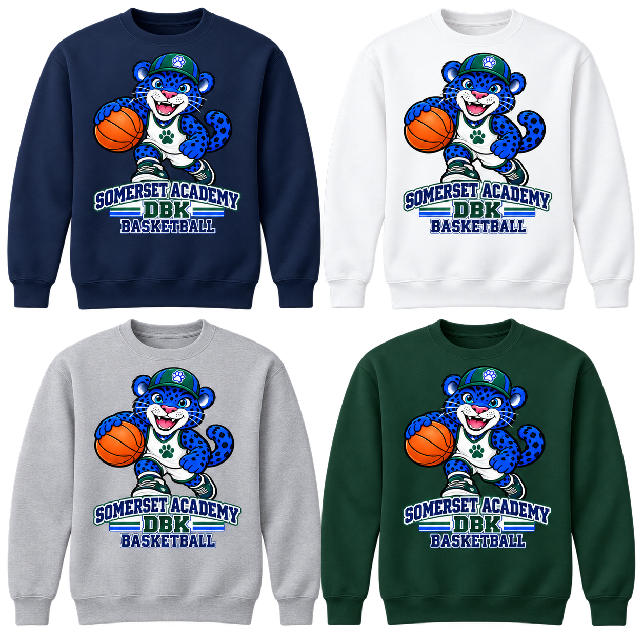 Basketball on Navy, White, Gray and Dark Green Crewneck Sweatshirts