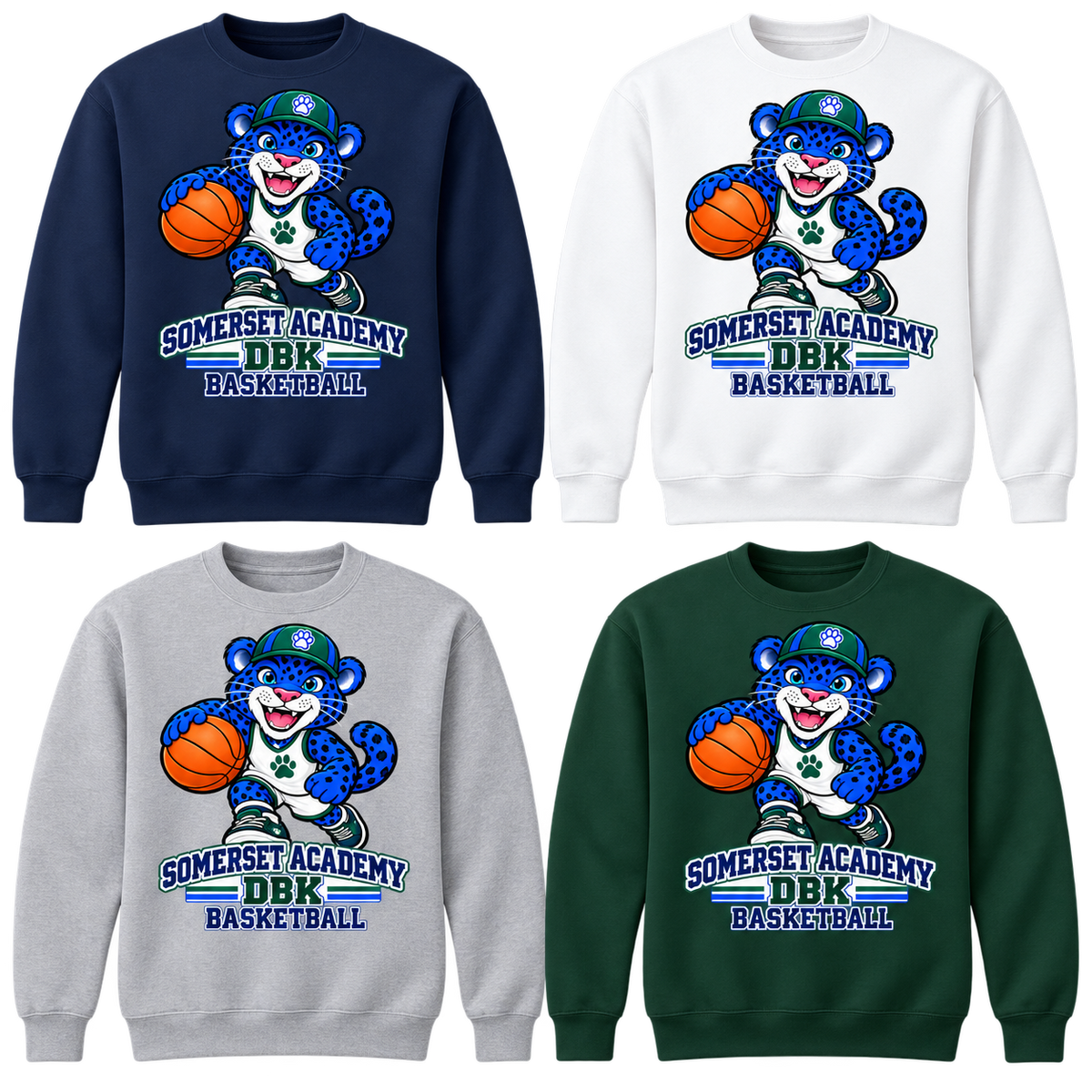 Basketball on Navy, White, Gray and Dark Green Crewneck Sweatshirts
